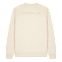 Sudadera KUMI Natural Unisex Crewneck, logo OUTSTANDING PEOPLE CLUB en la espalda, vista posterior