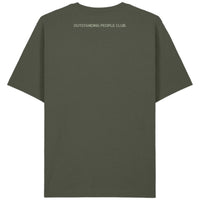 Camiseta color khaki KUMI T-Shirt de algodón orgánico con texto OUTSTANDING PEOPLE CLUB en la espalda