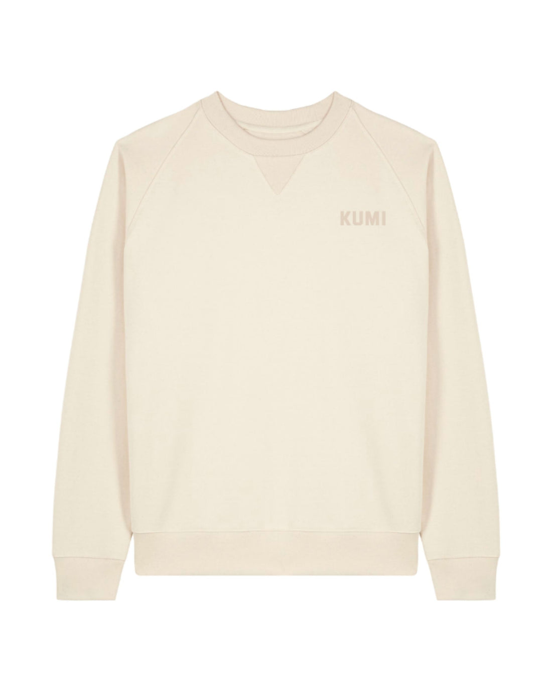 Sudadera KUMI Natural Unisex Crewneck de algodón orgánico, vista frontal sobre fondo blanco